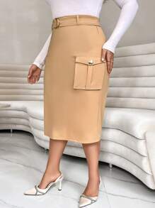 SHEIN Essnce Plus Flap Pocket Belted Skirt - Khaki - View 1