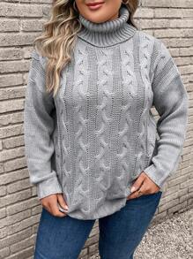 SHEIN LUNE Plus Turtleneck Cable Knit Drop Shoulder Sweater - Grey - View 1