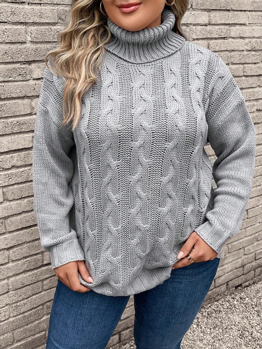 SHEIN LUNE Plus Turtleneck Cable Knit Drop Shoulder Sweater - Grey - View 1