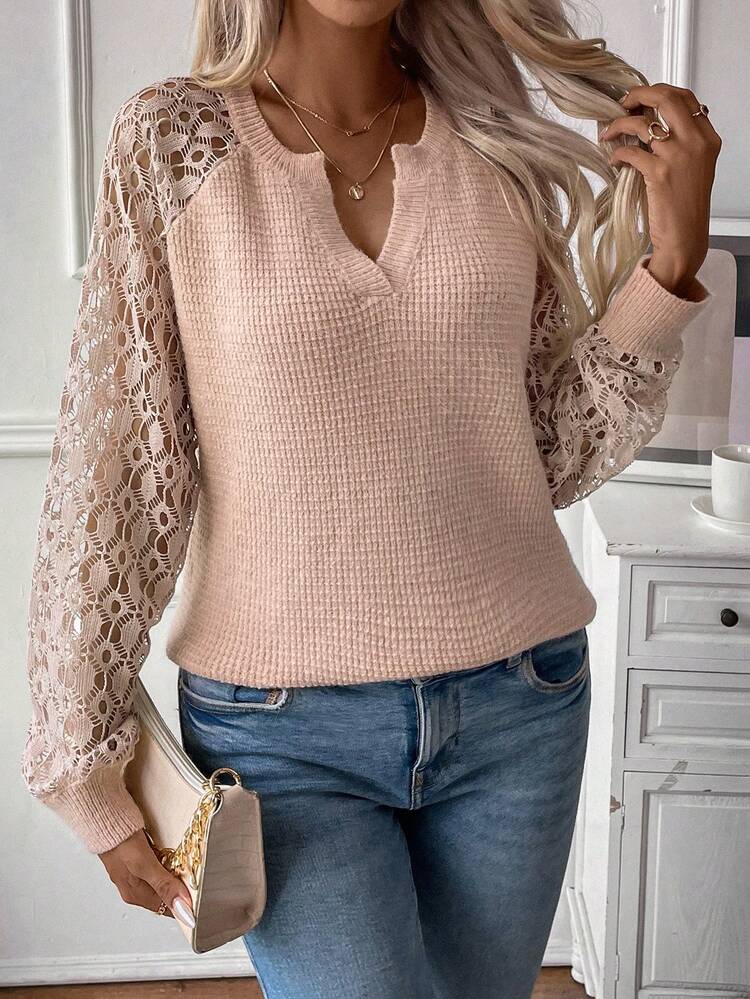 Contrast Lace Raglan Sleeve Notched Neck Knit Pullover Fall Winter Sweater