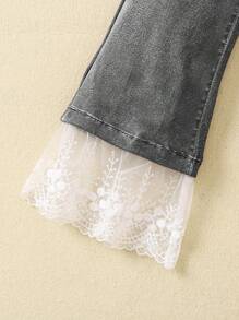 SHEIN Young Girl Contrast Lace Flare Leg Pants