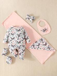 SHEIN 5pcs Baby Girls Floral Print Footed Sleep Jumpsuit & 1pair Gloves & 1pair Gloves & 1pc Bib & 1pc Wrap Blanket - Multicolor - View 1