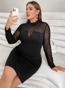 SHEIN Privé 大碼網紗拼接小高領緊身洋裝 - 黑色 - 查看 1