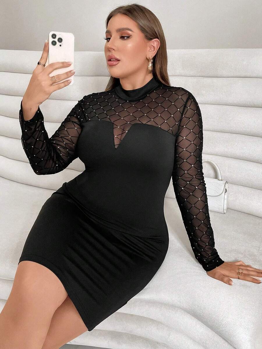 SHEIN Privé 大碼網紗拼接小高領緊身洋裝 - 黑色 - 查看 1