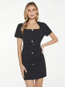 BizChic Button Front Belted Fitted Dress