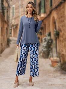 EMERY ROSE Solid Tee & Allover Print Pants