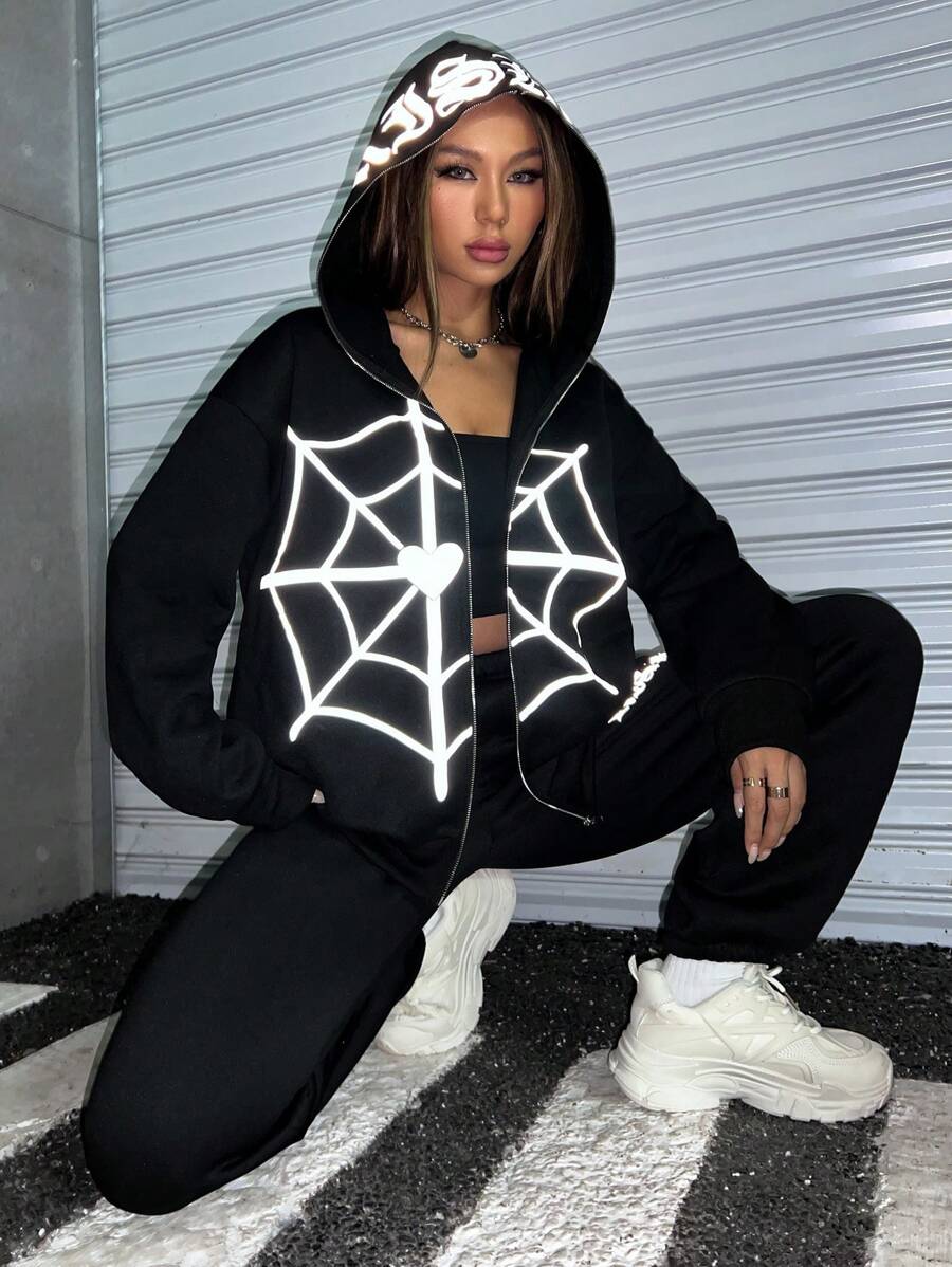SHEIN Unity 反光蜘蛛網印花落肩袖連帽衫和運動褲 - 黑色 - 查看 1