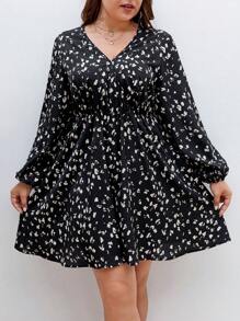 SHEIN Frenchy Hơn In Toàn bộ Tay áo lồng đèn Đầm - màu đen - Xem 6