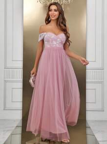 SHEIN Belle Off Shoulder Mesh Overlay Bridesmaid Dress - Dusty Pink - View 4