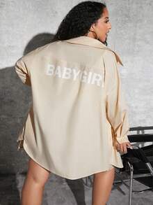 SHEIN CURVE+ Plus Letter Graphic Drop Shoulder Shirt - Apricot - View 7