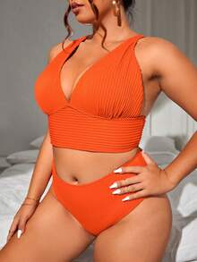 SHEIN Swim Curve 夏季大码霓虹橙色罗纹针织比基尼套装 - 亮橙色 - 查看 6