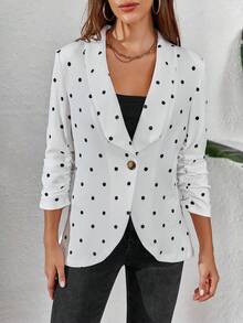SHEIN Clasi Polka Dot Shawl Collar Single Button Blazer - Black and White - View 3
