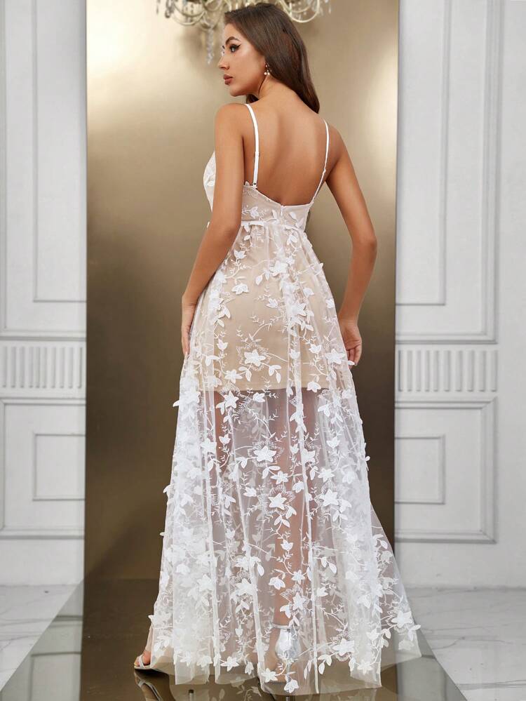 Floral Embroidery Mesh Overlay Cami Wedding Dress