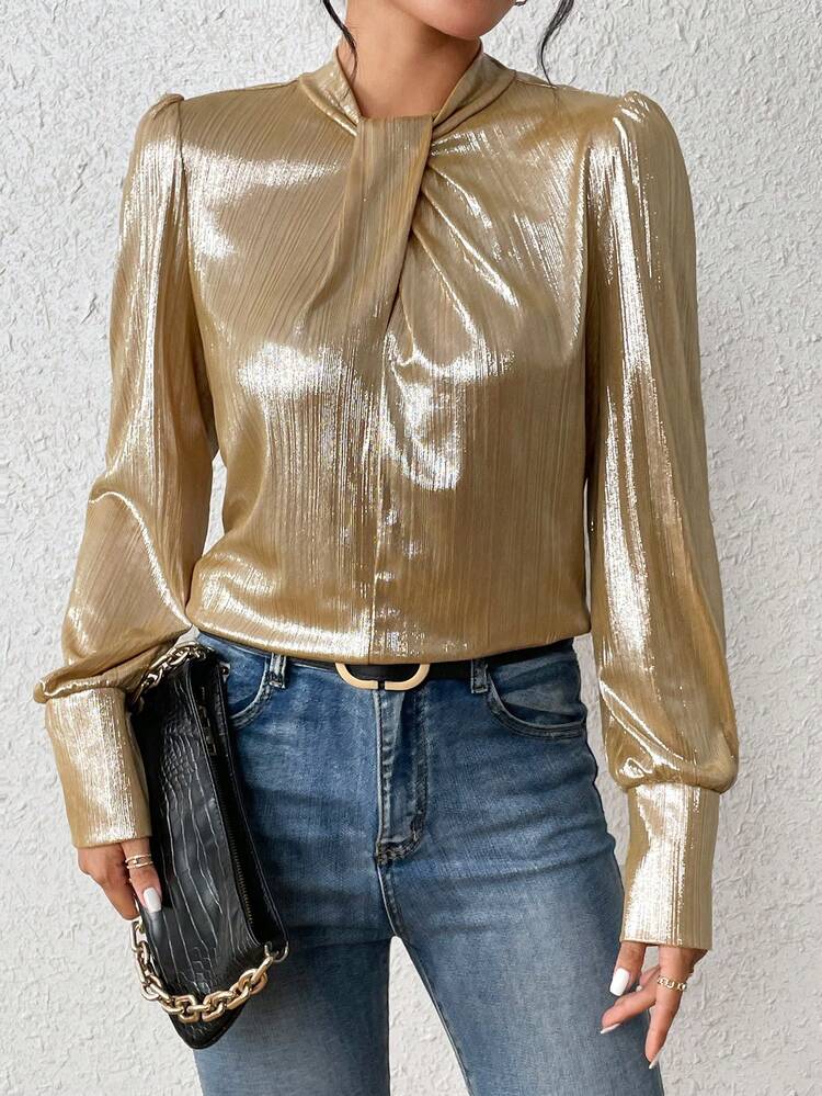 Twist Front Lantern Sleeve Metallic Blouse