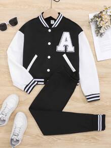 SHEIN 女大童字母貼布條紋飾邊落肩袖夾克和運動褲 - 黑色 - 查看 1