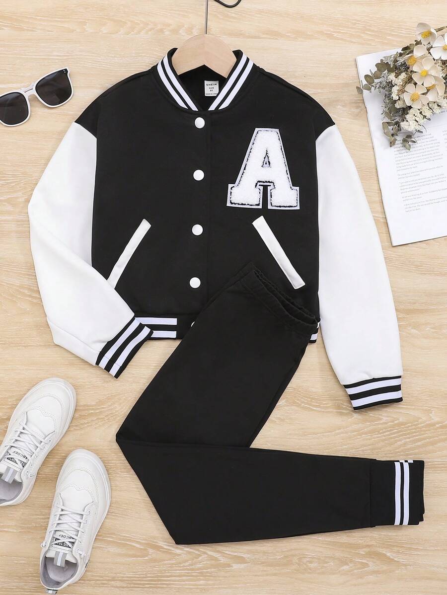 SHEIN 女大童字母貼布條紋飾邊落肩袖夾克和運動褲 - 黑色 - 查看 1