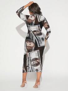 SHEIN SXY 大碼美元圖案小高領網紗緊身洋裝 - 彩色 - 查看 2