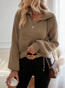 EMERY ROSE Jersey con cremallera media de hombros caídos - Café integral - Ver 1