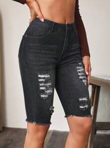 Ripped Raw Hem Denim Shorts - Black - View 3