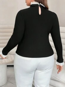 SHEIN Essnce Áo thun Plus size Nút viền lá sen màu trơn Giải trí - màu đen - Xem 2