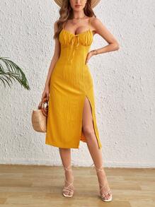 Soleia Tie Backless Split Thigh Cami Dress - Yellow - View 5