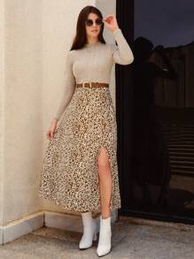 SHEIN Frenchy Leopard Print Split Thigh Dress Without Belt Winter Cheetah Casual - Multicolor - View 3