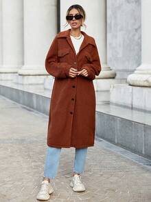 SHEIN Essnce 翻蓋口袋落肩袖絨毛外套 - 棕色 - 查看 7