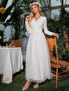 Simplee Women's Mesh Lace Stitching Elegant Dress, Wedding Dress, Spring Style, Bridal Shower Dress,Bride - White - View 5