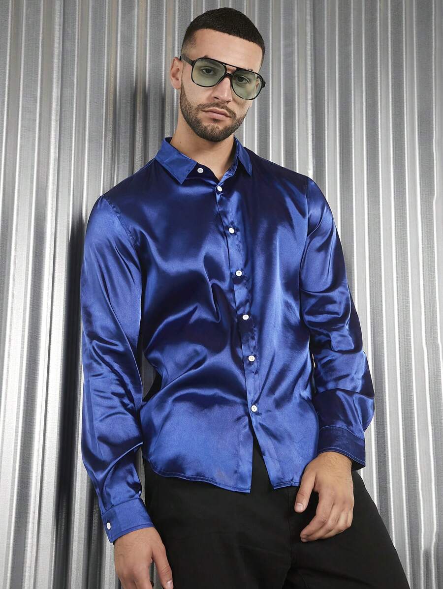 GENTILAND Loose Fit Men's Solid Satin Button-Front Shirt - Navy Blue - View 1
