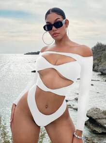 SHEIN SXY Off Shoulder Cut Out Bodysuit - White - View 1