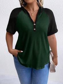 SHEIN LUNE Hơn Khối màu Tay Raglan Dệt kim Waffle Áo thun - Nhiều màu - Xem 4