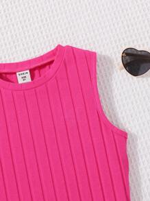 SHEIN Chica preadolescente Vestido con diseño de parche de letra bajo con abertura - Rosa Fucsia - Ver 6