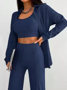 1pc Solid Button Front Shirt & 1pc Wide Leg Pants - Blue - View 6