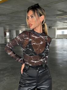 SHEIN Essnce In chớp Cổ giả Lưới Áo Không có áo ngực - Đen và trắng - Xem 4