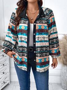 Calvaya Plus Geo Print Lantern Sleeve Coat - Multicolor - View 5