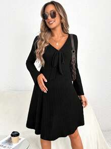 SHEIN Thai sản Nút phía trước Đan Xương sườn Đầm - màu đen - Xem 4