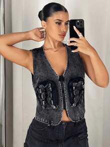 SHEIN ICON 拉鏈開襟短款夾克背心 - 深灰色 - 查看 4