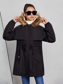 Teen Girl 1pc Drawstring Waist Fuzzy Trim Hooded Coat - Black - View 5
