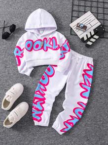 SHEIN Young Girl Letter Graphic Hoodie & Sweatpants