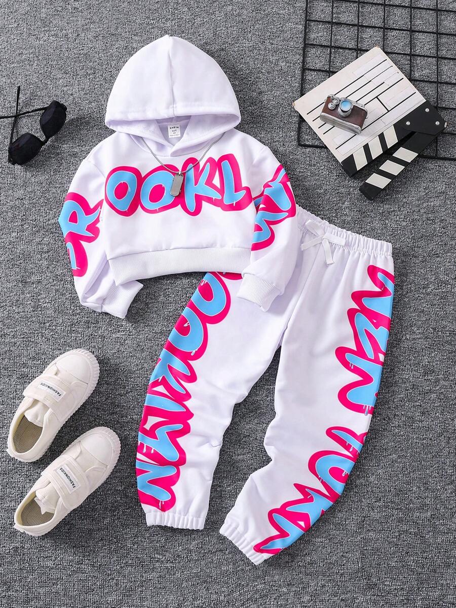 SHEIN Young Girl Letter Graphic Hoodie & Sweatpants