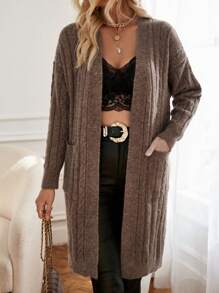 SHEIN Privé Dual Pocket Drop Shoulder Cardigan - Coffee Brown - View 3