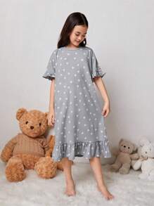 SHEIN Tween Girl Heart Print Ruffle Trim Flounce Sleeve Nightdress - Light Grey - View 5