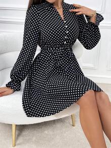 SHEIN Privé Polka Dot Print Flare Sleeve Belted Dress - Black and White - View 6