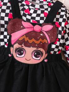 Baby Girl Checker & Heart Print Tee & Overall Dress - Multicolor - View 4