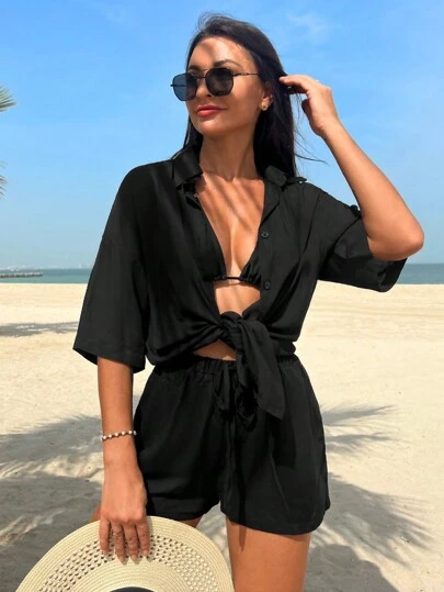 Swim Vcay 素色前紐扣罩衫套裝