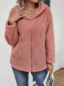 SHEIN LUNE 落肩袖連帽絨毛外套 - 粉色 - 查看 4