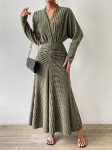 Chiquease Solid Ruched Front Dress Fall Cloth For Women - Green - View 3