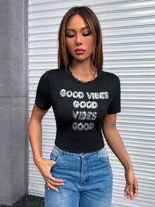 SHEIN Unity Sequin Letter Pattern Tee - Black - View 5