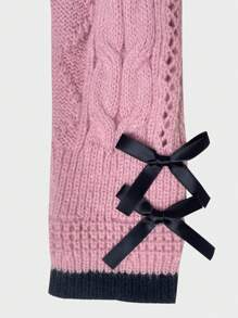 SHEIN MOD 拼接邊前紐扣麻花編織開襟衫 - 粉色 - 查看 3