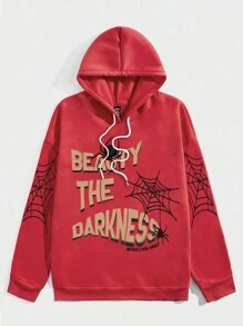 ROMWE MEN Street Life Nam Đồ họa Khẩu hiệu Dây rút Áo hoodie ấm áp - Đỏ - Xem 1